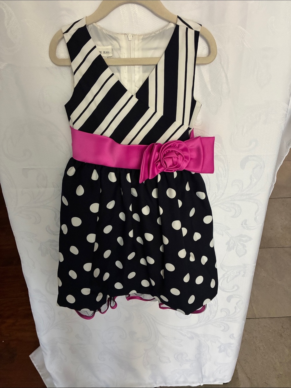 Bonnie Jean Black & White Polka Dot Dress with Hot Pink Sash